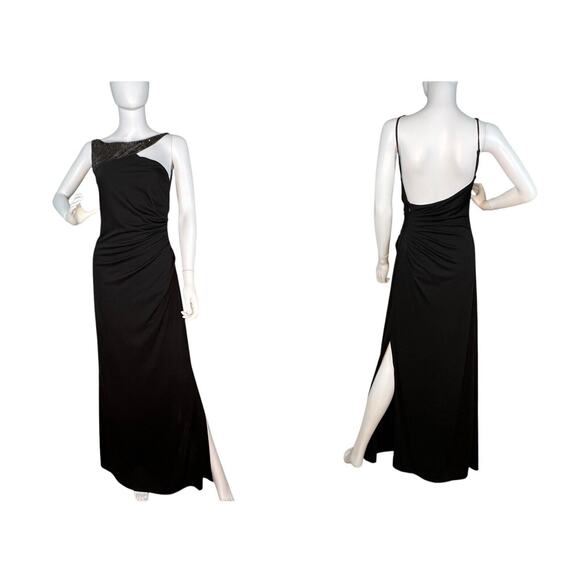 BCBGMAXAZRIA Size M Gown Asymmetric Neck Side Slit Black Open Back Gold Sequin - Picture 1 of 9